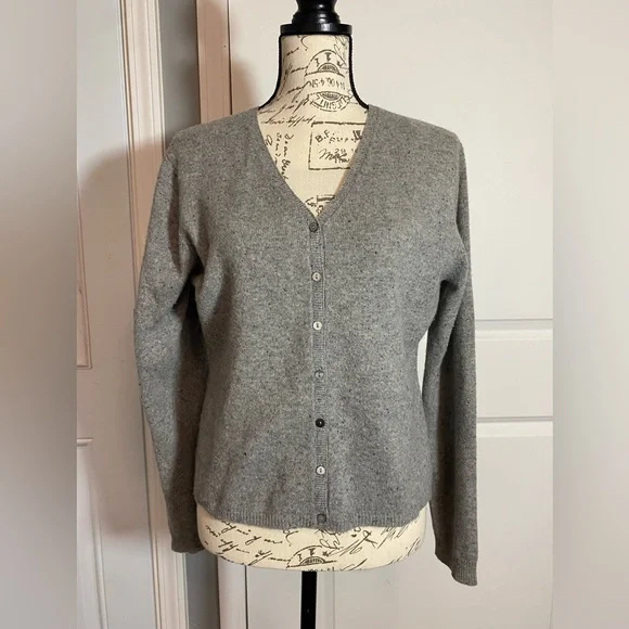 Valerie Stevens Heather Gray 100% Cashmere Knit Cardigan Sweater Large  Petite
